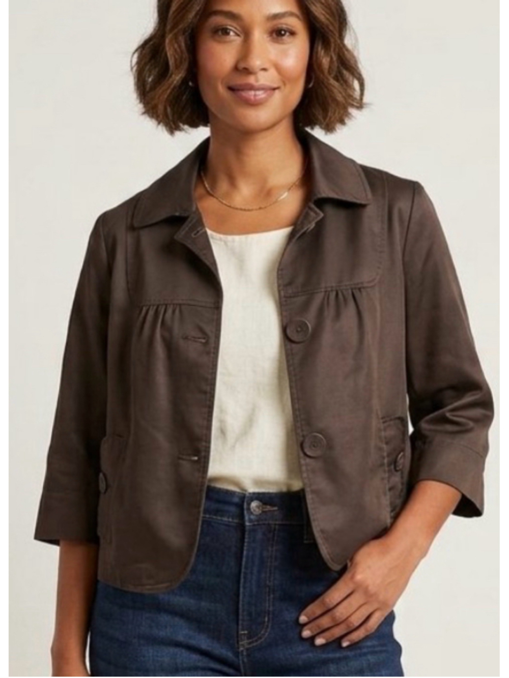 Willi Smith Brown Cropped Jacket 3/4 Sleeve Gathered Empire Waist Blazer 2035